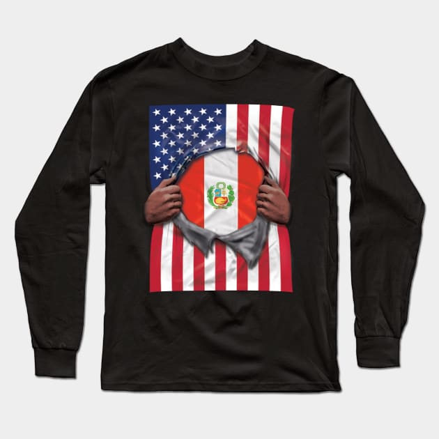 Peru Flag American Flag Ripped - Gift for Peruvian From Peru Long Sleeve T-Shirt by Country Flags